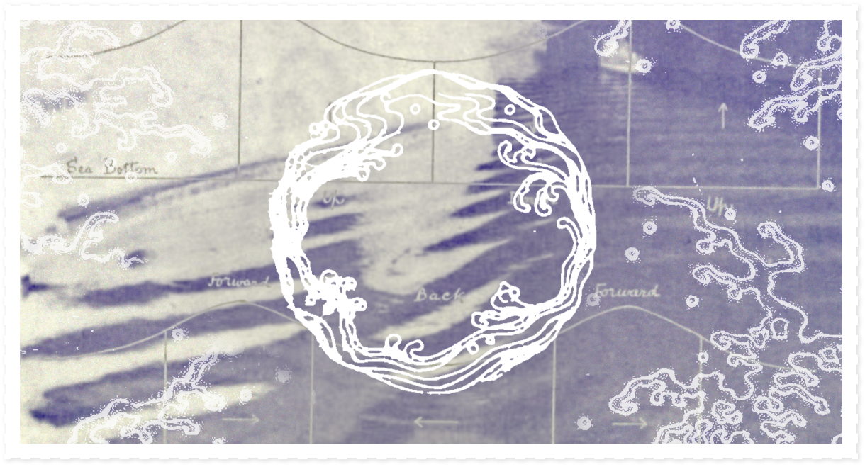 An illustration of a wave circling itself is shown in the center atop a collage of wavelengths, and a black and white photo of water. It has a border to reference a stamp. It is soft, and ebbing like the water.