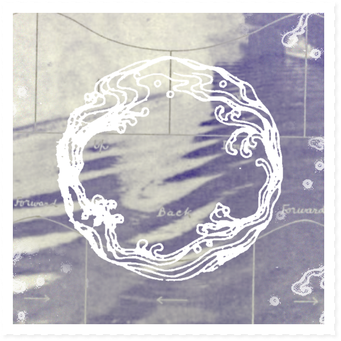 An illustration of a wave circling itself is shown in the center atop a collage of wavelengths, and a black and white photo of water. It has a border to reference a stamp. It is soft, and ebbing like the water.